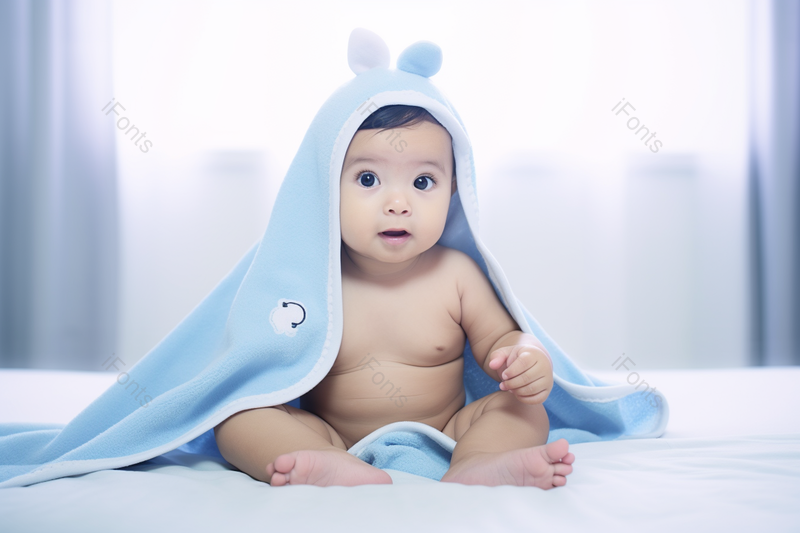 可爱混血宝宝幼教儿童光脚披着蓝色小斗篷,高清,摄影图,摄影图片,图片大全,摄影图免费下载